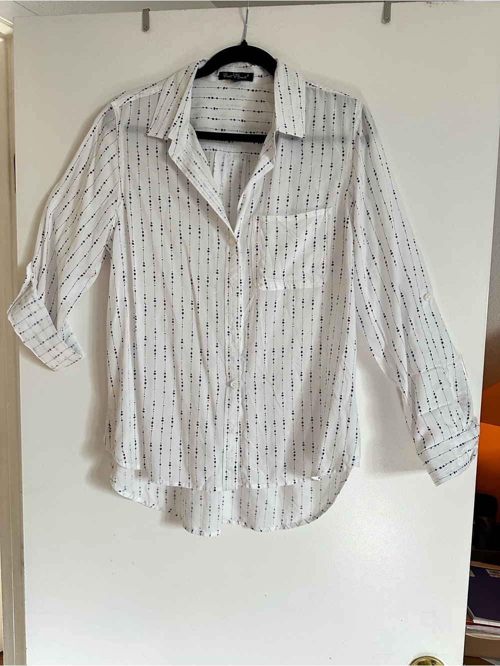 Velvet Heart White Button-Up Shirt with Navy Dot Stripes